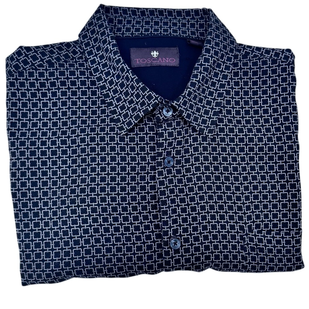 TOSCANO BLACK W TAN GEOMETRIC DESIGN SILK BLEND SHORT SLEEVE CAMP SHIRT